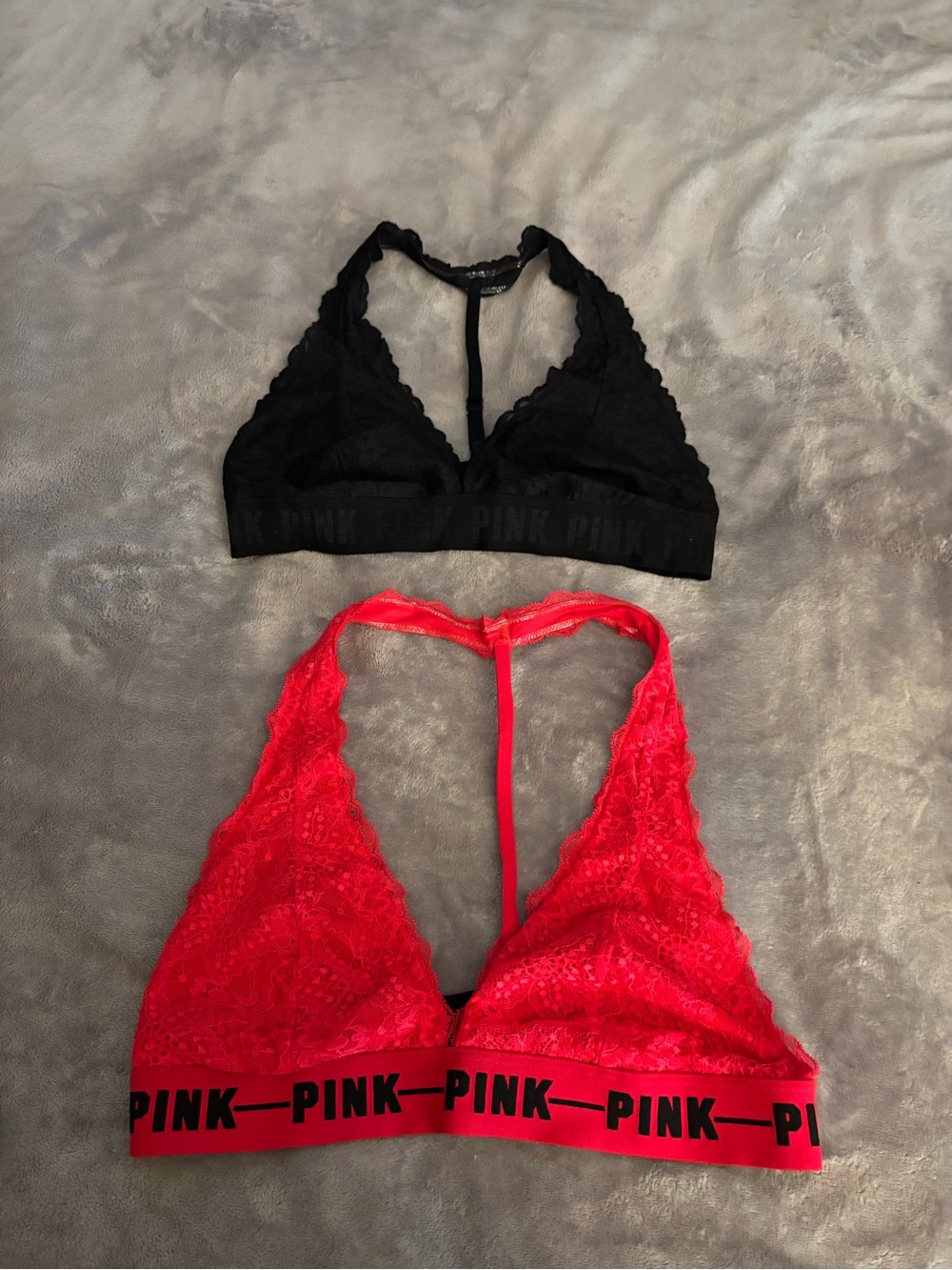 2 pc PINK Lace Bralette - Black and Red - Victoria's Secret bras size L
